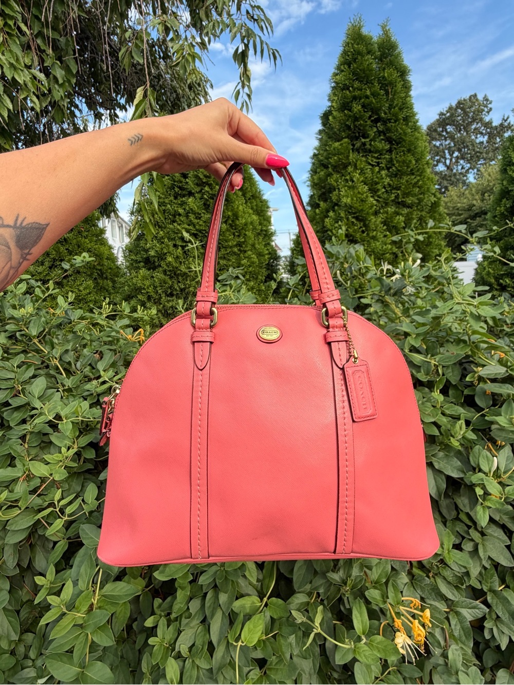 Coach Peyton Coral Pink Leather Satchel Shoulder Dome Bag